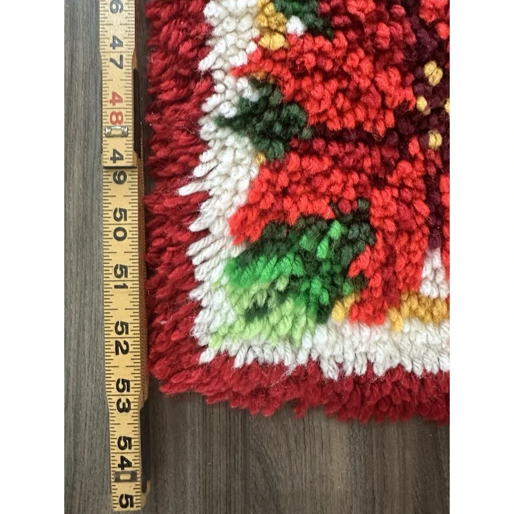 Vintage Christmas Poinsettia Latch Hook Wall Hanging Rug 53x31 Handmade 1970s